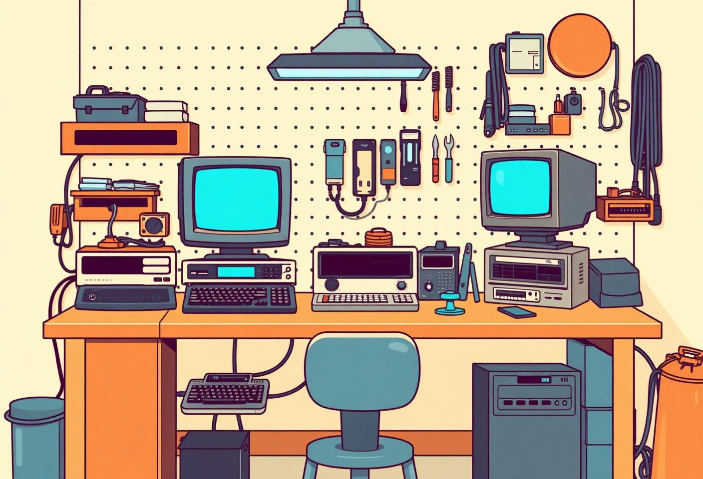 Retro illustration of a neighbourhood computer repair workbench with vintage CRT monitors and tools