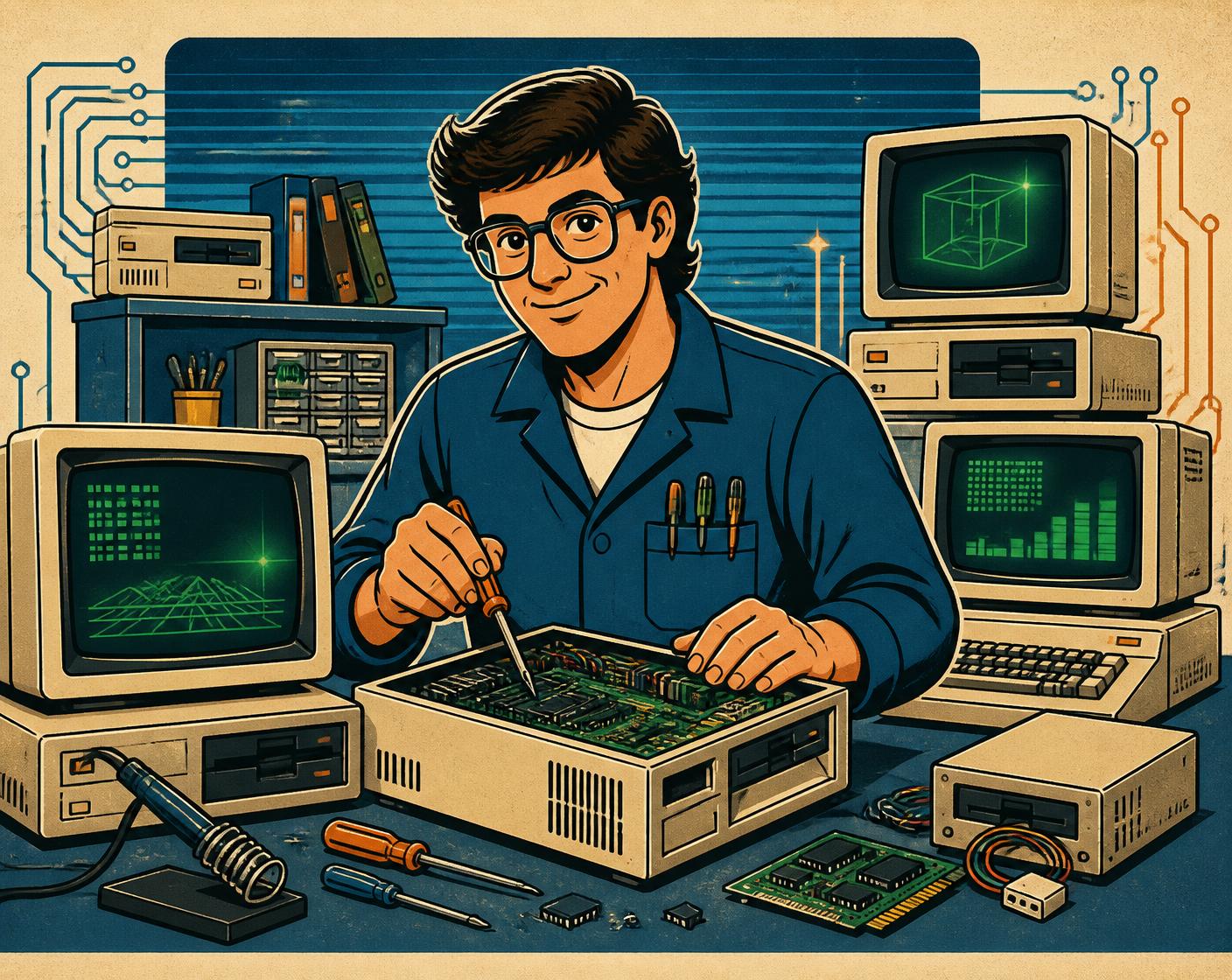 Retro illustration of a friendly technician repairing vintage computers at a workbench
