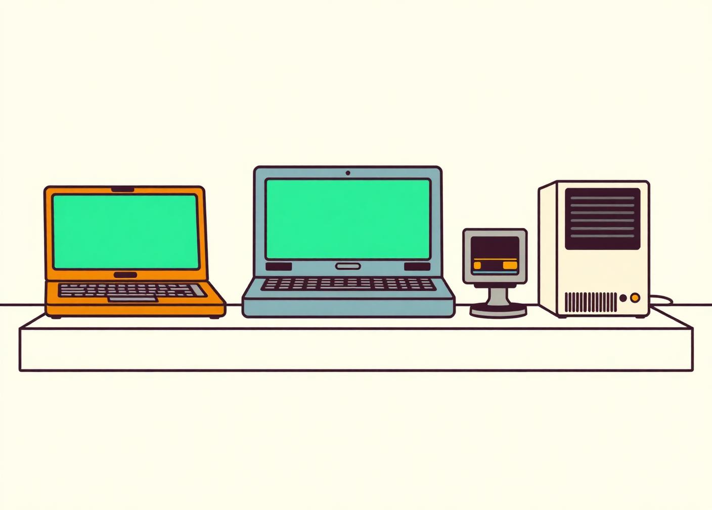 Off-lease laptops and a compact desktop computer in mint condition