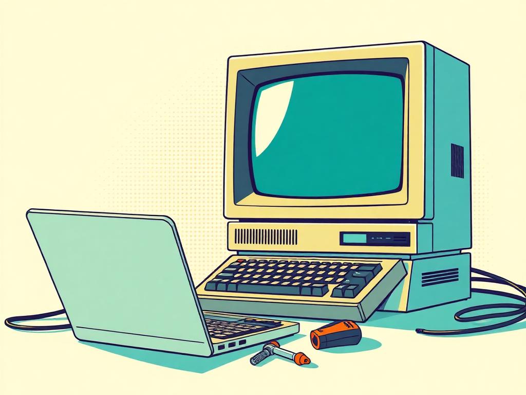 Retro illustration of a vintage all-in-one computer and laptop being repaired