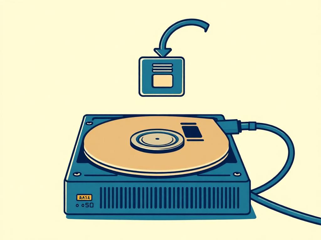 Retro illustration of an open hard drive with a file being rescued