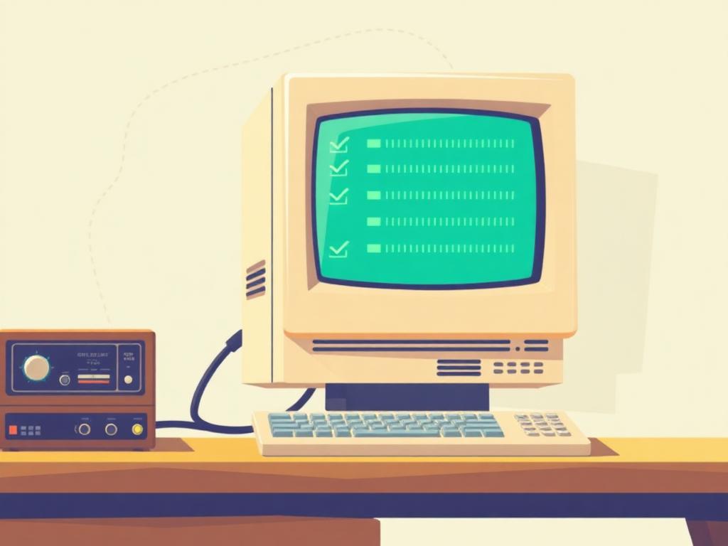 Retro illustration of a vintage CRT computer running a diagnostic checklist