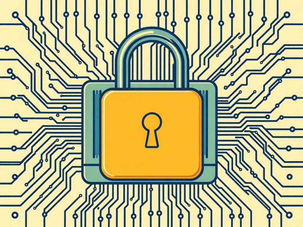 Retro illustration of a padlock over a circuit-trace pattern