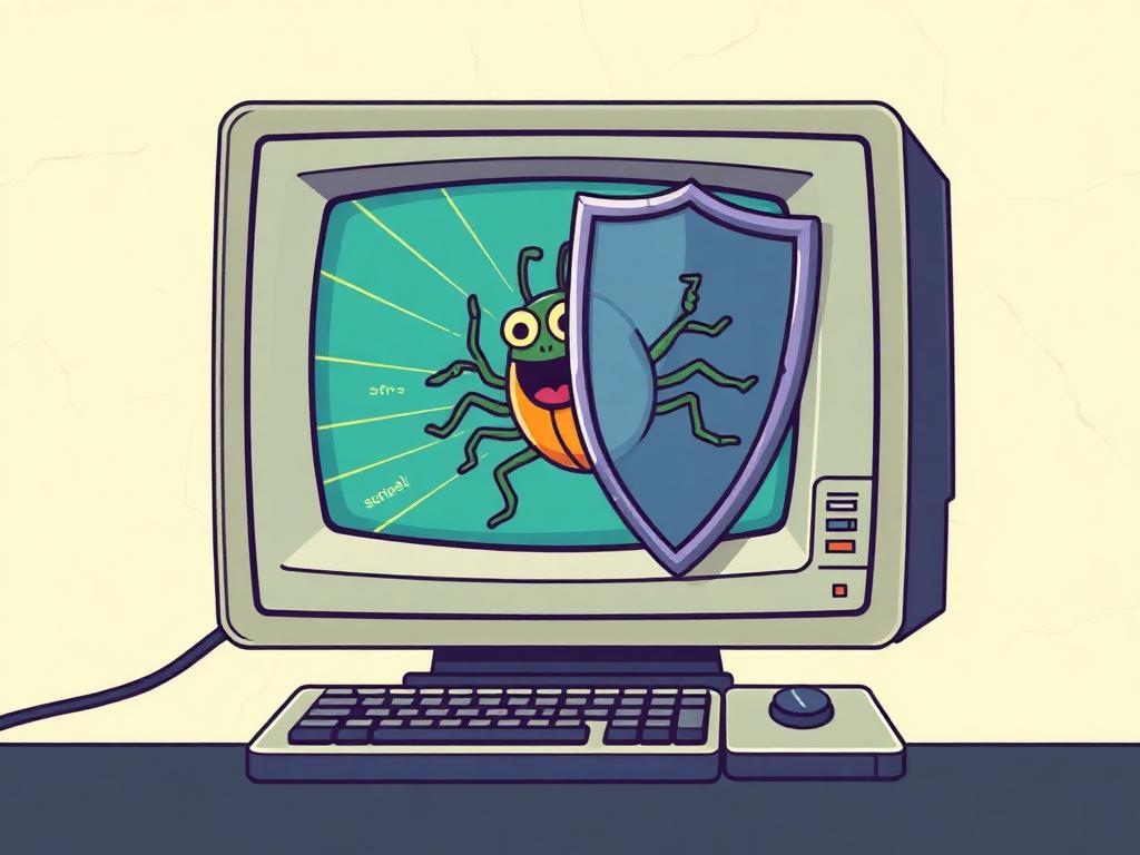Retro illustration of a cartoon virus being blocked by a shield on a CRT screen