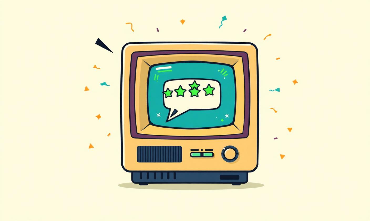 Retro illustration of a vintage CRT television showing five green stars in a speech bubble